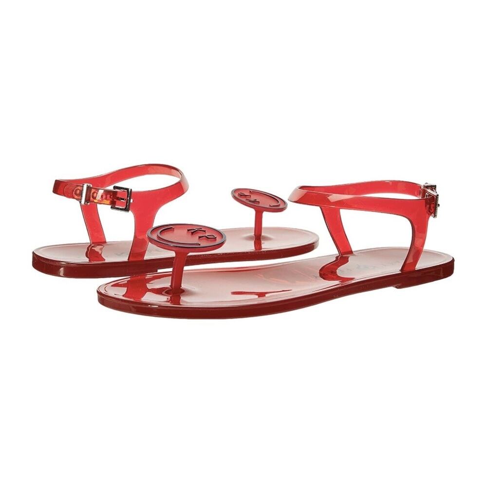 NIB Katy Perry Size 7 Women’s The Geli Flat Smiley Face Red Summer Sandals - Picture 2 of 6